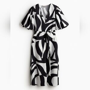 H&M Black and White Pattern Balloon Sleeve Midi Tie-belt Dress | Size L